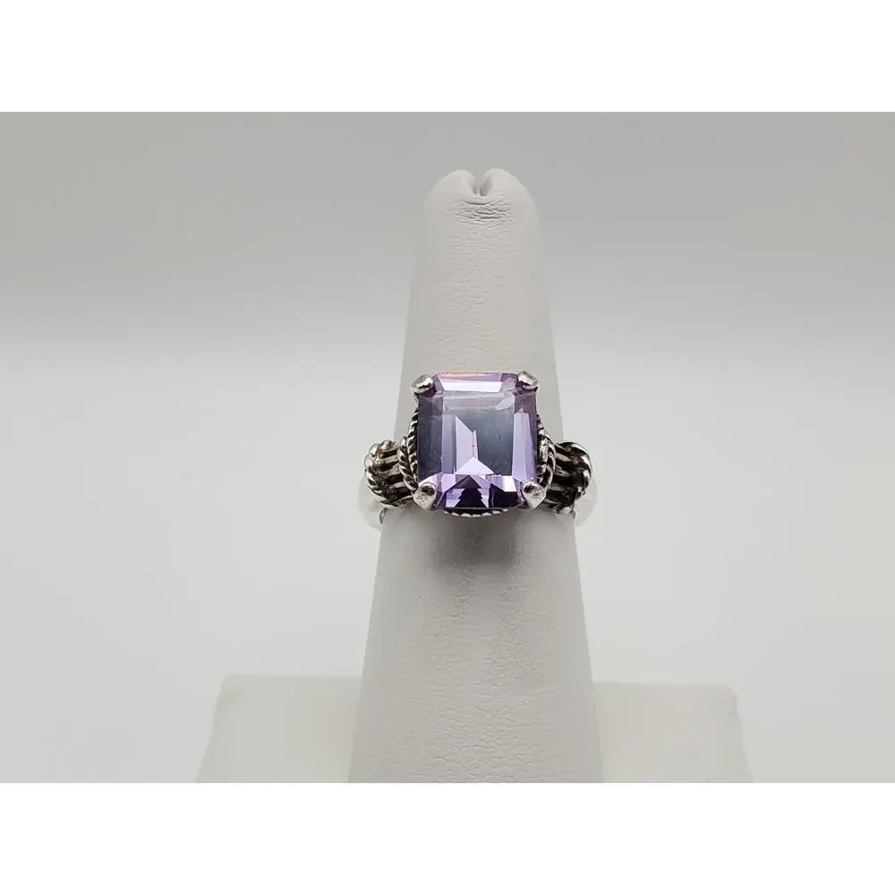 925 Sterling Silver Vintage Emerald-Cut Purple CZ Ring Size 8